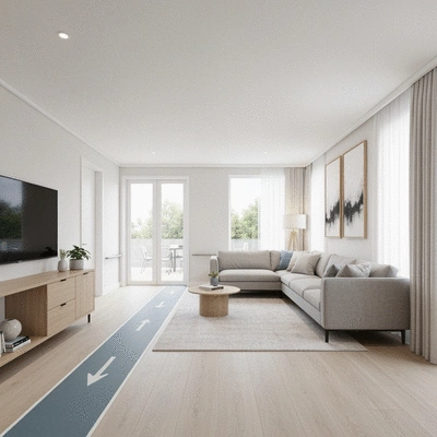 Modern living room with accessible features like wide doorways and clear pathways, bathed in natural light, no text, no words, no typography, 8K