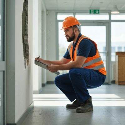 Professional emergency maintenance worker assessing damage