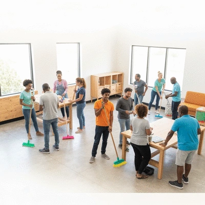 Nonprofit staff and volunteers working together to maintain a clean and welcoming community center, diverse group, positive atmosphere, no text, no words, no typography, 8K