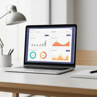 Modern property management software interface on a laptop with charts and data