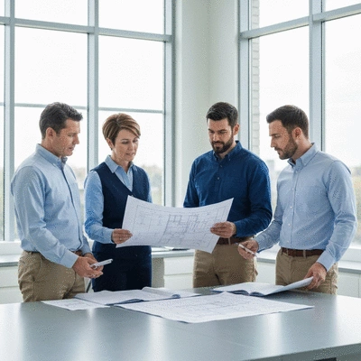 Team of facility managers reviewing blueprints and maintenance schedules
