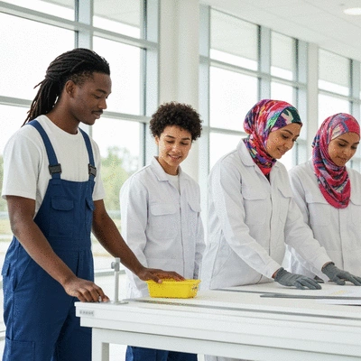 Diverse team of facility maintenance workers collaborating on a project