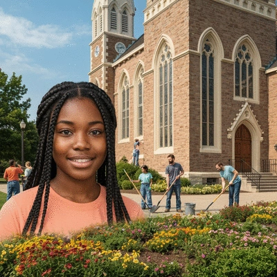 Diverse group of community members actively participating in church maintenance activities