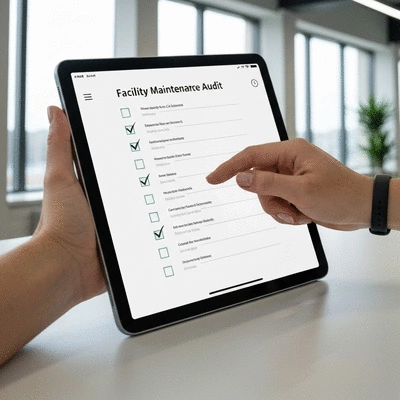 Close-up of a facility maintenance audit checklist on a tablet, with a hand checking off items, no text, no words, no typography, clean image