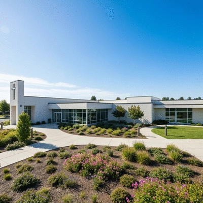 Modern church or community center exterior with well-maintained landscaping, bright sunny day, no text, no words, no typography, clean image, 8K
