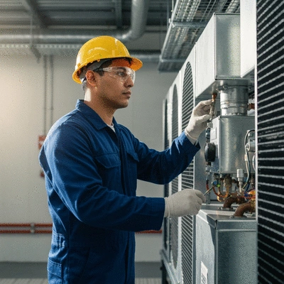 Facility maintenance worker inspecting a HVAC system