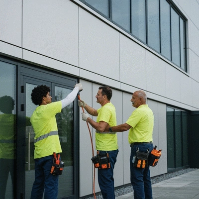 Professional maintenance team working on a modern building, showing teamwork and efficiency, no text, no words, no typography, 8K, natural lighting