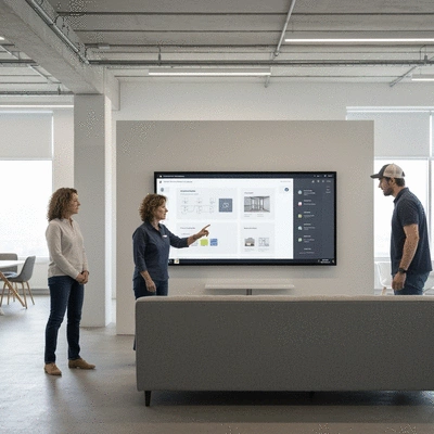 Team of facilities managers collaborating on a digital maintenance schedule, bright office environment, clean image