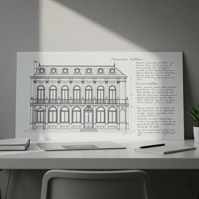 Architectural drawing of a historic building with notes on preservation techniques, clean desk, natural light