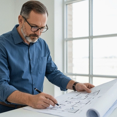 Architect reviewing blueprints for ADA compliant building design