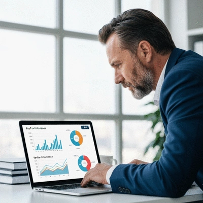 Professional looking at a laptop screen with graphs and charts, representing KPIs and vendor performance, with a clean office background, no text, no words, no typography, no labels, clean image