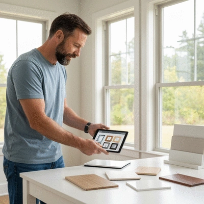 Homeowner reviewing window options on a tablet, with sample materials on a table, clean image