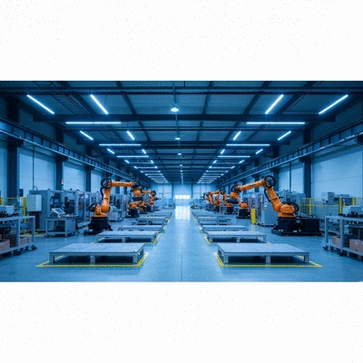 Industrial facility with modern LED lighting illuminating a workspace, no text, no words, no typography, clean image
