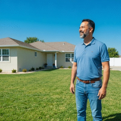 Homeowner admiring their freshly painted house exterior, illustrating satisfaction and increased property value