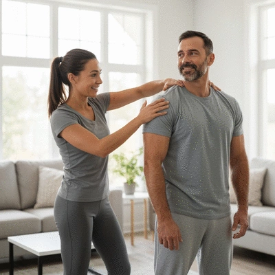 Veteran receiving in-home physical therapy, bright and modern home setting