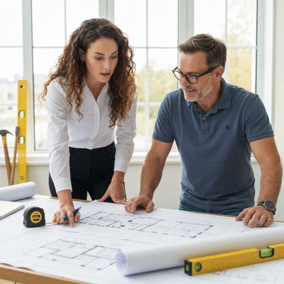 Architect reviewing blueprints with a homeowner, pointing at specific details, with construction tools in the background, no text, no words, no typography, clean image
