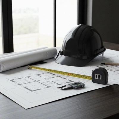 Architectural drawings and construction blueprints on a table with a hard hat and measuring tools, clean image, no text, no words, no typography, 8K