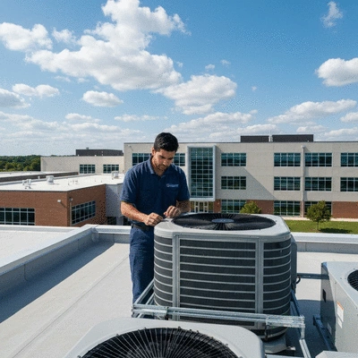School maintenance worker inspecting an HVAC unit on a rooftop, with a school building in the background