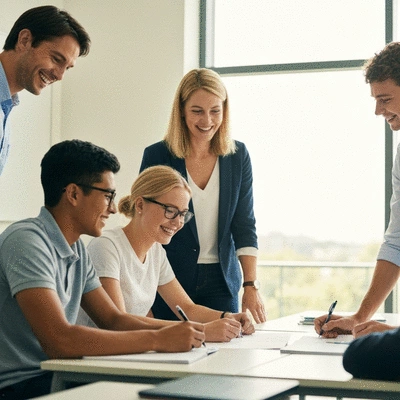 Happy students and teachers in a clean, well-lit modern classroom environment