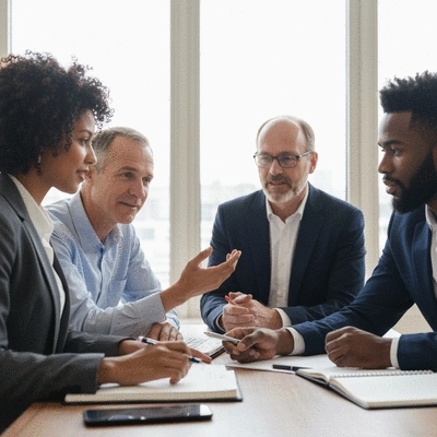 Diverse group of business professionals in a meeting, discussing challenges and solutions, representing a collaborative environment to support veteran-owned businesses, no text, no words, no typography, 8K