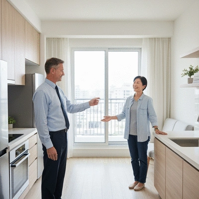 Property manager inspecting a clean apartment with a happy tenant