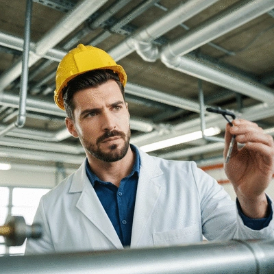 Facility manager inspecting pipes in a commercial building