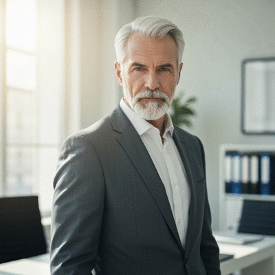 Veteran business owner in a leadership role, demonstrating strong decision-making and discipline in a professional office setting, no text, no words, no typography, 8K