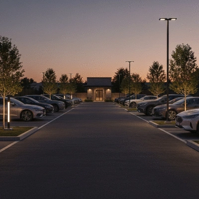 Clean, well-lit parking lot at dusk with modern cars, showcasing enhanced curb appeal and safety