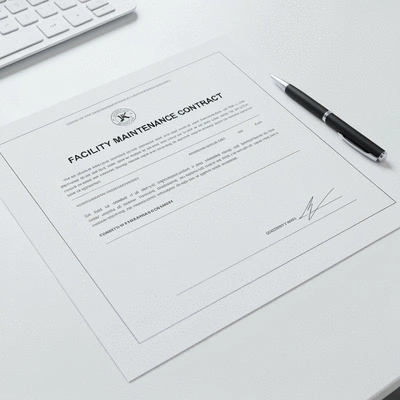 Close-up of a facility maintenance contract document with a pen, on a clean desk, no text, no words, no typography, no labels, clean image