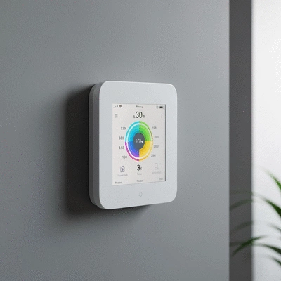 Smart thermostat on a modern wall, displaying energy savings, clean image, no text
