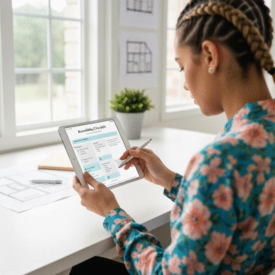 Person reviewing an accessibility checklist on a tablet, with home renovation plans in the background, bright and clean home office setting, no text, no words, no typography, 8K