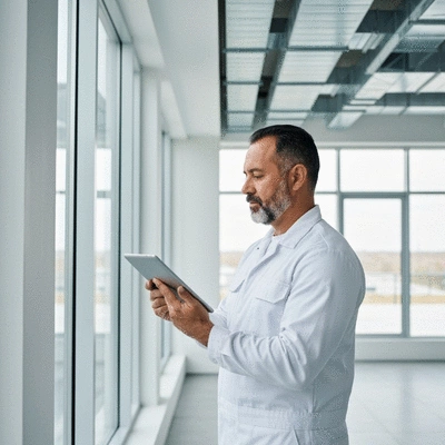 Professional inspecting HVAC system in a commercial building with a tablet, clean, modern aesthetic
