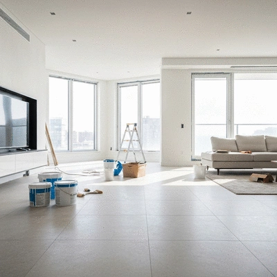 Modern living room undergoing renovation with tools and paint, bright and clean, no text, no words, no typography, 8K