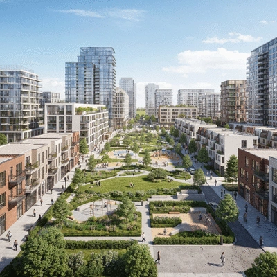 Modern urban neighborhood with new housing developments and green spaces