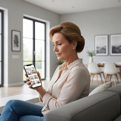 Person using a home improvement app on a smartphone, with renovation plans in the background