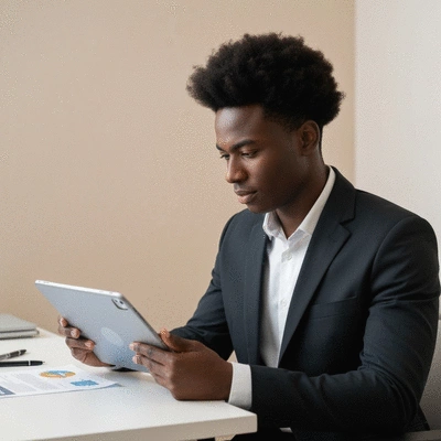 Property manager reviewing maintenance reports on a tablet in a modern office, no text, no words, no typography, 8K, natural lighting
