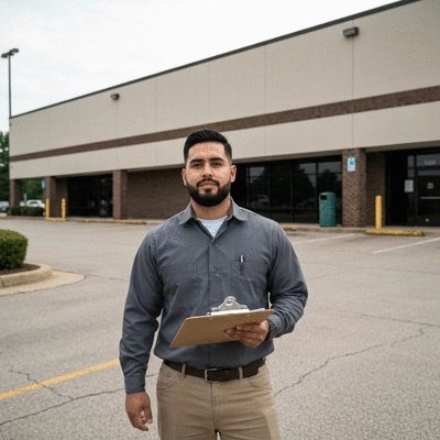 Professional conducting a facility maintenance audit on a commercial property in Memphis, Tennessee, with a clipboard, no text, no words, no typography, clean image