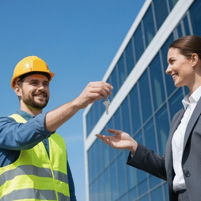 Construction project manager handing over keys to a happy client