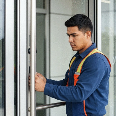 Maintenance worker inspecting automatic door for accessibility