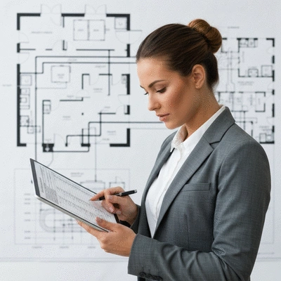 Professional looking at a facility maintenance budget spreadsheet on a tablet, with a blueprint in the background, showing diligent planning and financial oversight, no text, no words, no typography, clean image