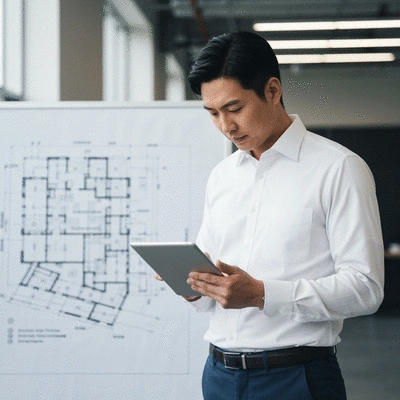A facility manager reviewing a maintenance schedule on a tablet, with a blueprint or building schematic in the background, clean, professional setting, no text, no words, no typography, 8K, natural lighting