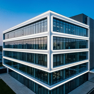 Modern commercial building with energy-efficient LED lighting, clean image, no text