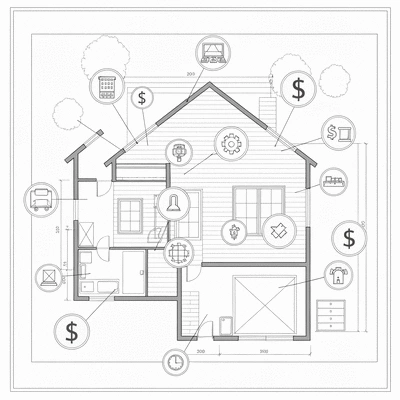 Blueprint of a house with various financial symbols overlayed, representing a residential rehab budget. No text, no words, no typography, no labels, clean image.