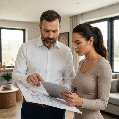 Contractor and client reviewing home renovation plans on a tablet