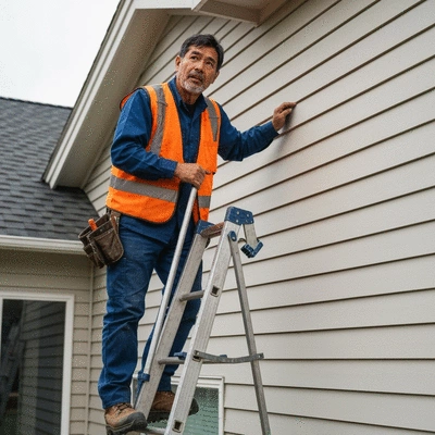 Professional roofer on a ladder inspecting siding, emphasizing safety and expertise, residential house in background, no text, no words, no typography, 8K, natural lighting