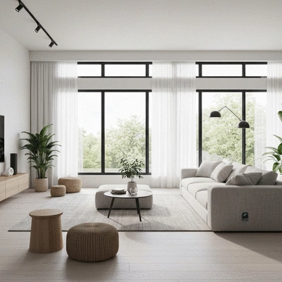Modern living room with biophilic design elements and smart home tech
