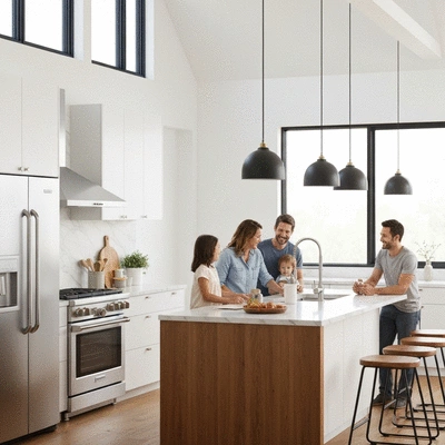 Family enjoying their newly renovated modern kitchen, bright and clean