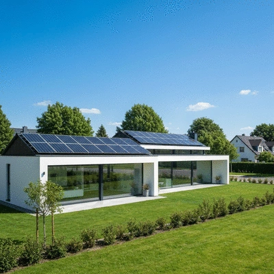 Modern home with solar panels and energy efficient windows in a suburban setting, bright sunny day
