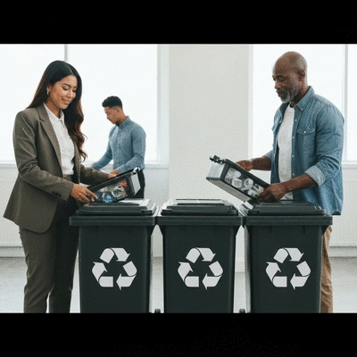 Recycling bins in a clean, modern office environment, diverse employees sorting waste