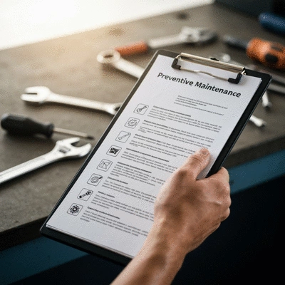 Close-up of a hand holding a clipboard with a maintenance checklist, tools in background, bright clean image, no text, no words, no typography, 8K